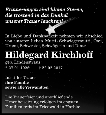 Traueranzeige von Hildegard Kirchhoff von Mitteldeutsche Zeitung Bernburg