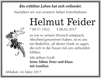 Traueranzeige von Helmut Feider von Super Sonntag SGH Mansf. Land