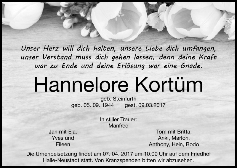  Traueranzeige für Hannelore Kortüm vom 21.03.2017 aus Mitteldeutsche Zeitung Halle/Saalkreis