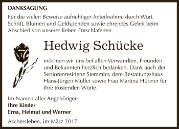 Traueranzeige von Hedwig Schücke von Super Sonntag SGH Mansf. Land