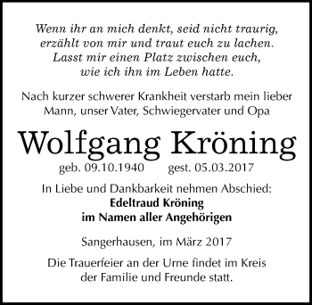 Traueranzeige von Wolfgang Kröning von Mitteldeutsche Zeitung Sangerhausen