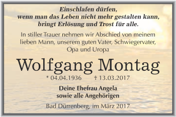 Traueranzeige von Wolfgang Montag von Super Sonntag Halle