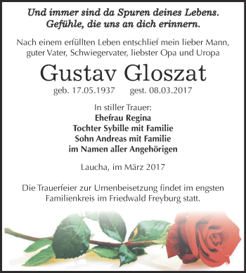 Traueranzeige von Gustav Gloszat von WVG - Wochenspiegel NMB / WSF / ZTZ