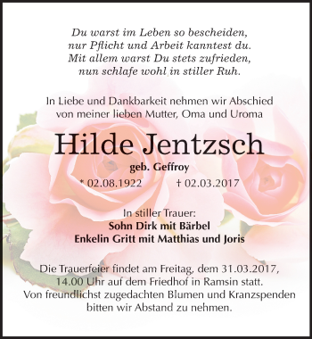 Traueranzeige von Hilde Jentzsch von Mitteldeutsche Zeitung Bitterfeld