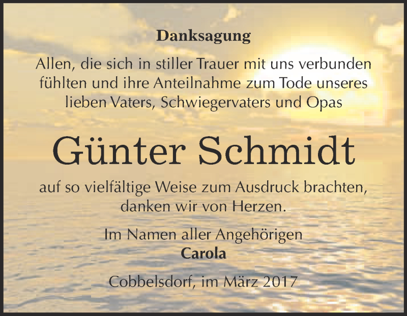 Traueranzeige für Günter Schmidt vom 11.03.2017 aus Super Sonntag Wittenberg