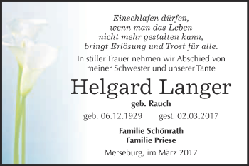 Traueranzeige von Helgard Langer von Super Sonntag Halle