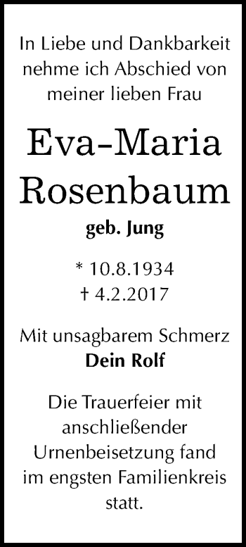 Traueranzeige von Eva-Maria Rosenbaum von Mitteldeutsche Zeitung Halle/Saalkreis