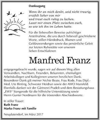 Traueranzeige von Manfred Franz von Mitteldeutsche Zeitung Quedlinburg