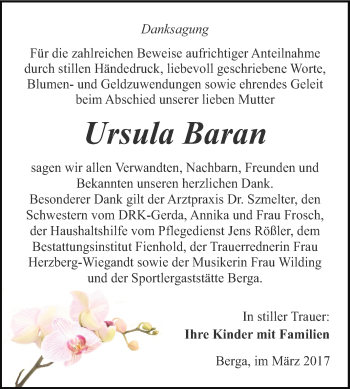 Traueranzeige von Ursula Baran von Super Sonntag SGH Mansf. Land