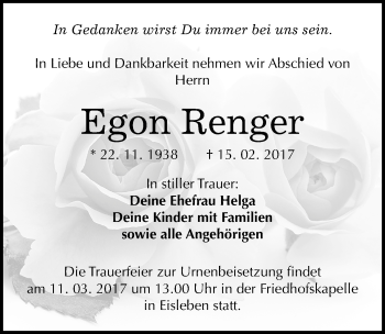 Traueranzeige von Egon Renger von Mitteldeutsche Zeitung Mansfelder Land