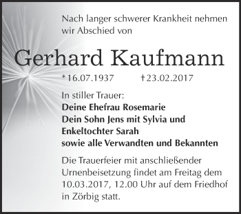 Traueranzeige von Gerhard Kaufmann von WVG - Wochenspiegel Bitterfeld