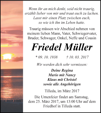Traueranzeige von Friedel Müller von Super Sonntag SGH Mansf. Land