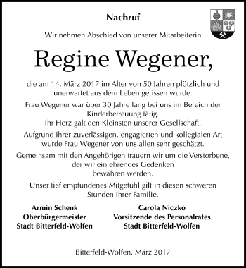 Traueranzeige von Regine Wegener von Mitteldeutsche Zeitung Bitterfeld