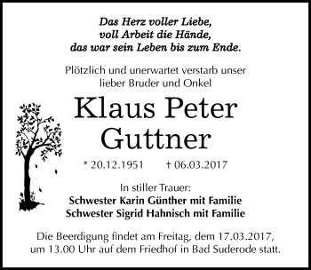 Traueranzeige von Klaus Peter Guttner von Mitteldeutsche Zeitung Quedlinburg