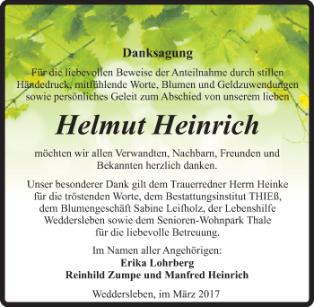 Traueranzeige von Helmut Heinrich von Mitteldeutsche Zeitung Quedlinburg