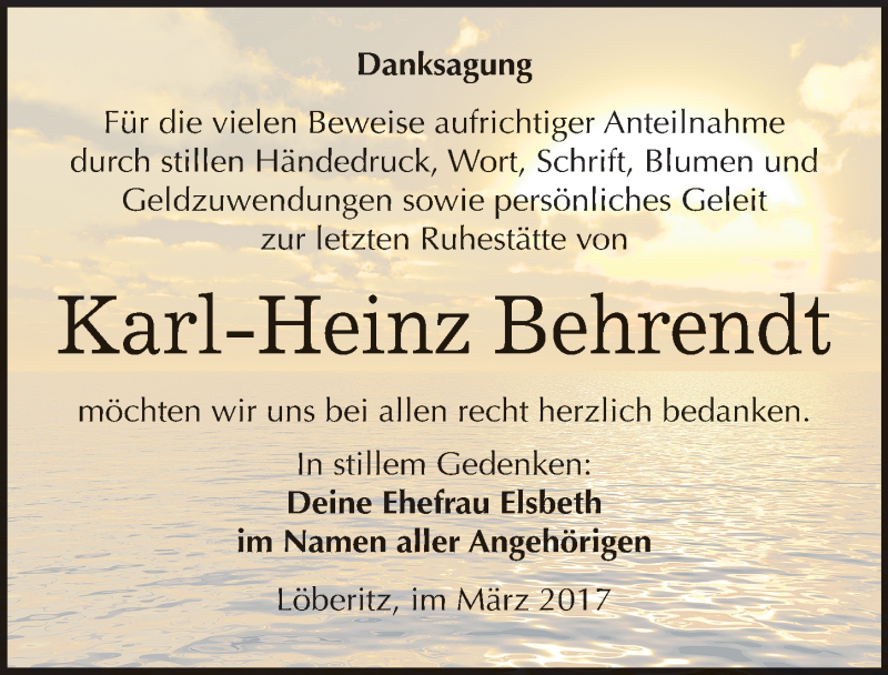  Traueranzeige für Karl-Heinz Behrendt vom 18.03.2017 aus Mitteldeutsche Zeitung Bitterfeld
