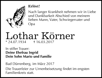 Traueranzeige von Lothar Körner von Mitteldeutsche Zeitung Merseburg/Querfurt