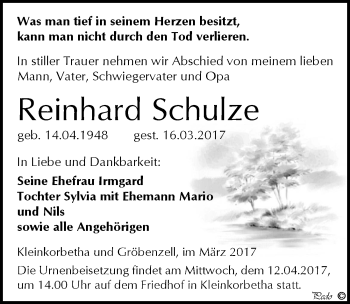 Traueranzeige von Reinhard Schulze von Mitteldeutsche Zeitung Weißenfels