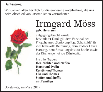 Traueranzeige von Irmgard Möss von Super Sonntag Halle