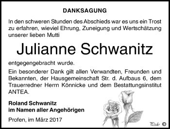 Traueranzeige von Julianne Schwanitz von Mitteldeutsche Zeitung Zeitz