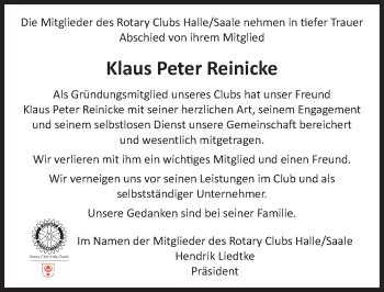 Traueranzeige von Klaus Peter Reinicke von Mitteldeutsche Zeitung Halle/Saalkreis