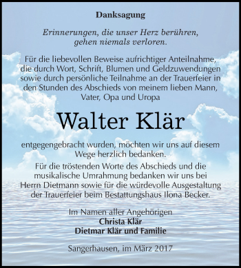 Traueranzeige von Walter Klär von Super Sonntag SGH Mansf. Land