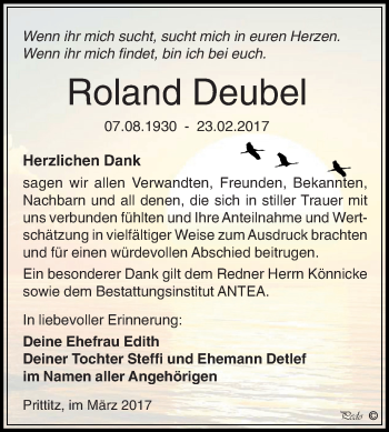 Traueranzeige von Roland Deubel von WVG - Wochenspiegel NMB / WSF / ZTZ