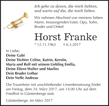 Traueranzeige von Horst Franke von Mitteldeutsche Zeitung Quedlinburg