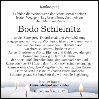 Traueranzeige von Bodo Schleinitz von WVG - Wochenspiegel NMB / WSF / ZTZ