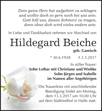 Traueranzeige von Hildegard Beiche von Mitteldeutsche Zeitung Halle/Saalkreis
