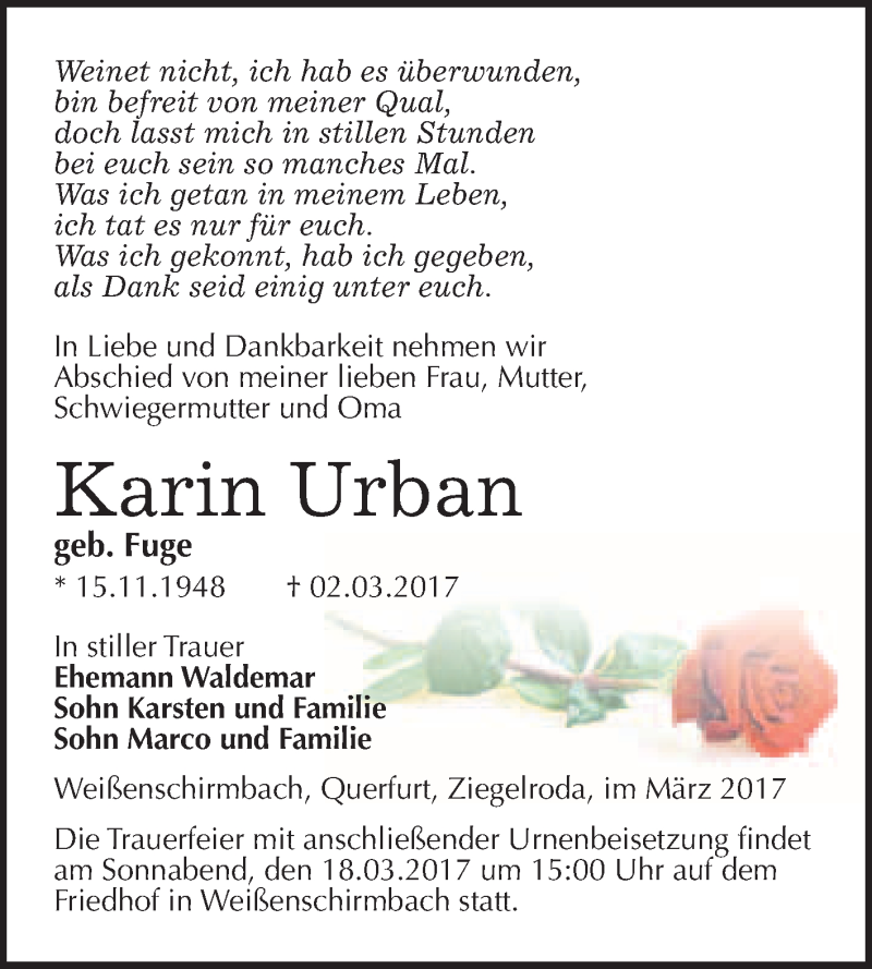  Traueranzeige für Karin Urban vom 11.03.2017 aus Super Sonntag Halle