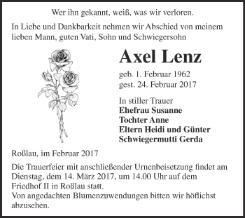 Traueranzeige von Axel Lenz von WVG - Wochenspiegel Dessau / Köthen
