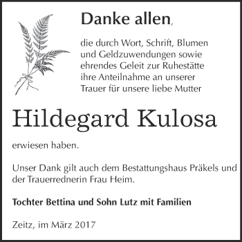 Traueranzeige von Hildegard Kulosa von Super Sonntag Zeitz