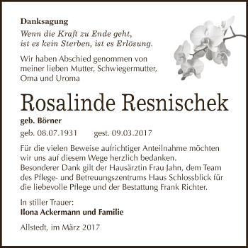 Traueranzeige von Rosalinde Resnischek von Super Sonntag SGH Mansf. Land
