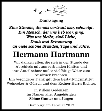 Traueranzeige von Hermann Hartmann von Mitteldeutsche Zeitung Bernburg
