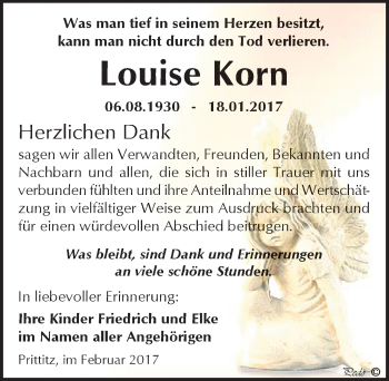 Traueranzeige von Louise Korn von Mitteldeutsche Zeitung Weißenfels
