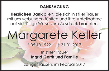 Traueranzeige von Margarete Keller von Mitteldeutsche Zeitung Sangerhausen