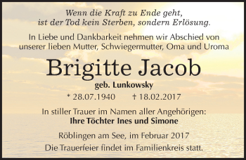 Traueranzeige von Brigitte Jacob von Mitteldeutsche Zeitung Mansfelder Land