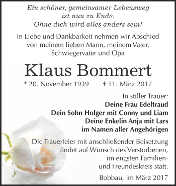 Traueranzeige von Klaus Bommert von WVG - Wochenspiegel Bitterfeld