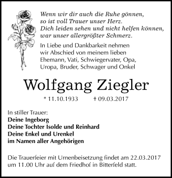 Traueranzeige von Wolfgang Ziegler von Mitteldeutsche Zeitung Bitterfeld