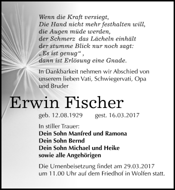 Traueranzeige von Erwin Fischer von Mitteldeutsche Zeitung Bitterfeld