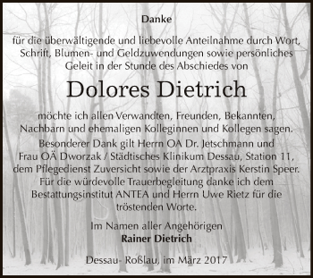 Traueranzeige von Dolores Dietrich von WVG - Wochenspiegel Dessau / Köthen