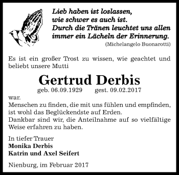 Traueranzeige von Gertrud Derbis von Mitteldeutsche Zeitung Bernburg
