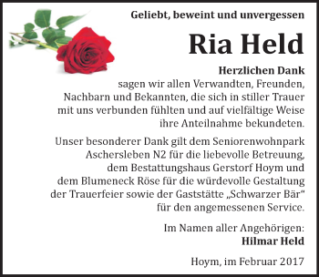 Traueranzeige von Ria Held von Mitteldeutsche Zeitung Aschersleben