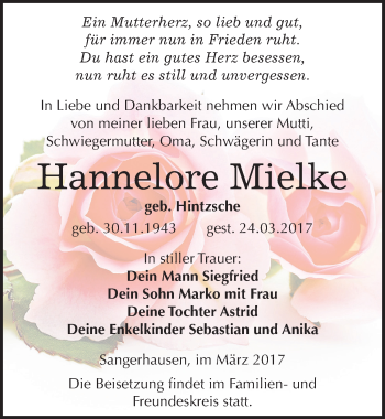 Traueranzeige von Hannelore Mielke von Mitteldeutsche Zeitung Sangerhausen