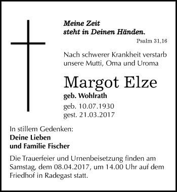 Traueranzeige von Margot Elze von Mitteldeutsche Zeitung Köthen