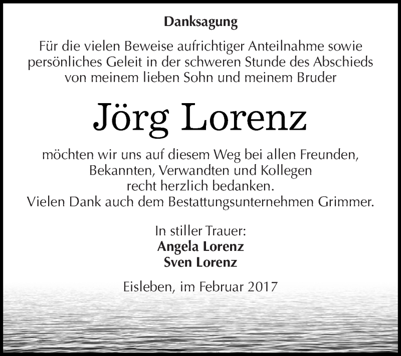  Traueranzeige für Jörg Lorenz vom 08.03.2017 aus Super Sonntag SGH Mansf. Land