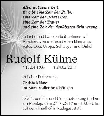 Traueranzeige von Rudolf Kühne von WVG - Wochenspiegel Dessau / Köthen