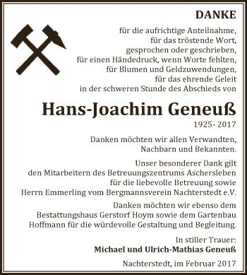 Traueranzeige von Hans-Joachim Geneuß von Super Sonntag SGH Mansf. Land