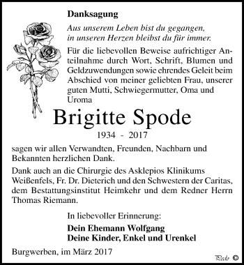 Traueranzeige von Brigitte Spode von Mitteldeutsche Zeitung Weißenfels